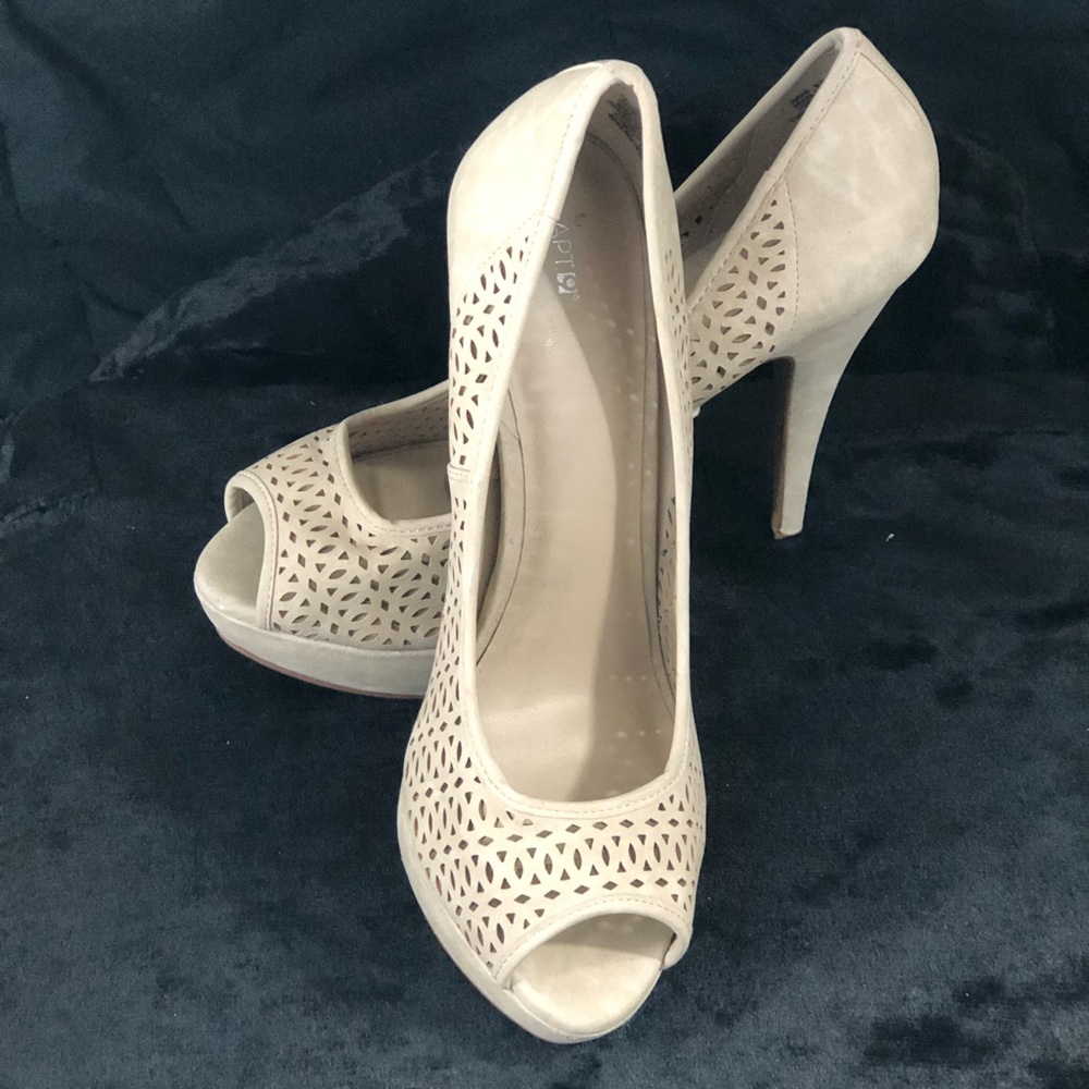 Kennedy, Nude Beige, Laser Cut, Peep Toe, Platform Pump, from Apt 9